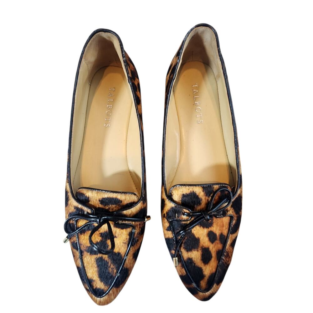 Talbots Leopard Print Calf Hair Flats Size 6.5M Pointed Toe Bow Detail